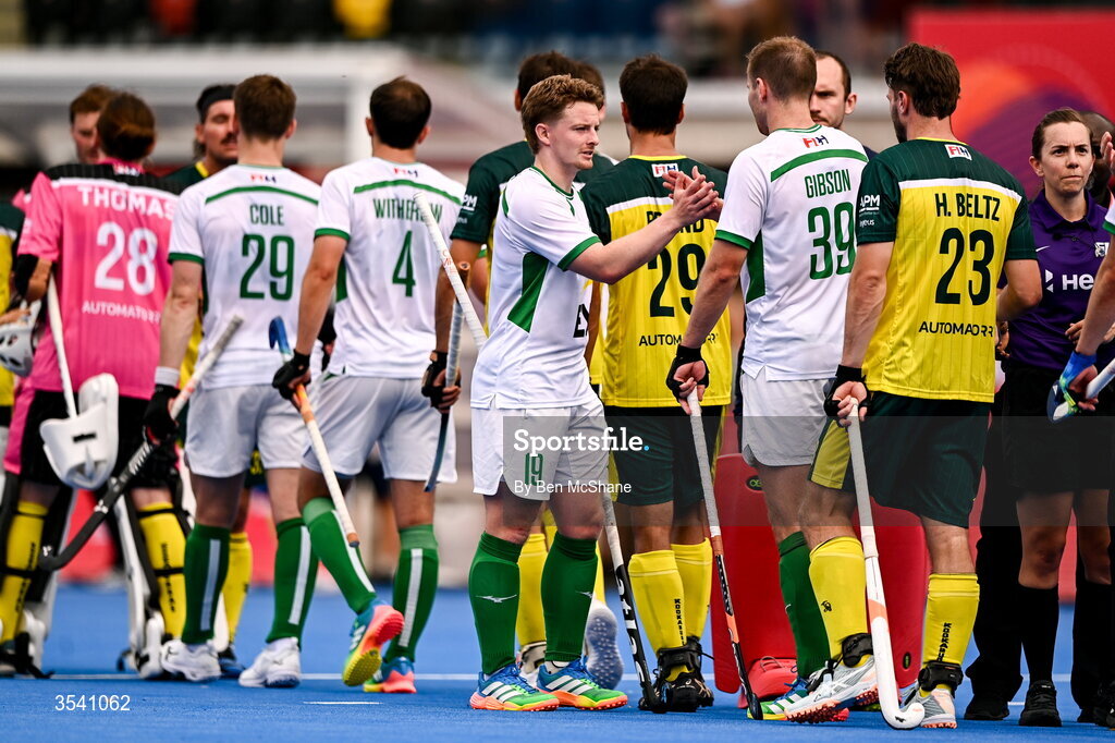 16 August 2026; Peter McKibbin, left, with Fergus Gibson of Ireland after the FIH Men's Hockey World Cup 2026 Pool C match between Ireland and Australia at the Belfius Hockey Arena in Wavre, Belgium. Photo by Ben McShane/Sportsfile