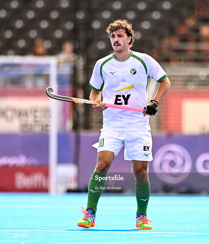 16 August 2026; Louis Rowe of Ireland during the FIH Men's Hockey World Cup 2026 Pool C match between Ireland and Australia at the Belfius Hockey Arena in Wavre, Belgium. Photo by Ben McShane/Sportsfile