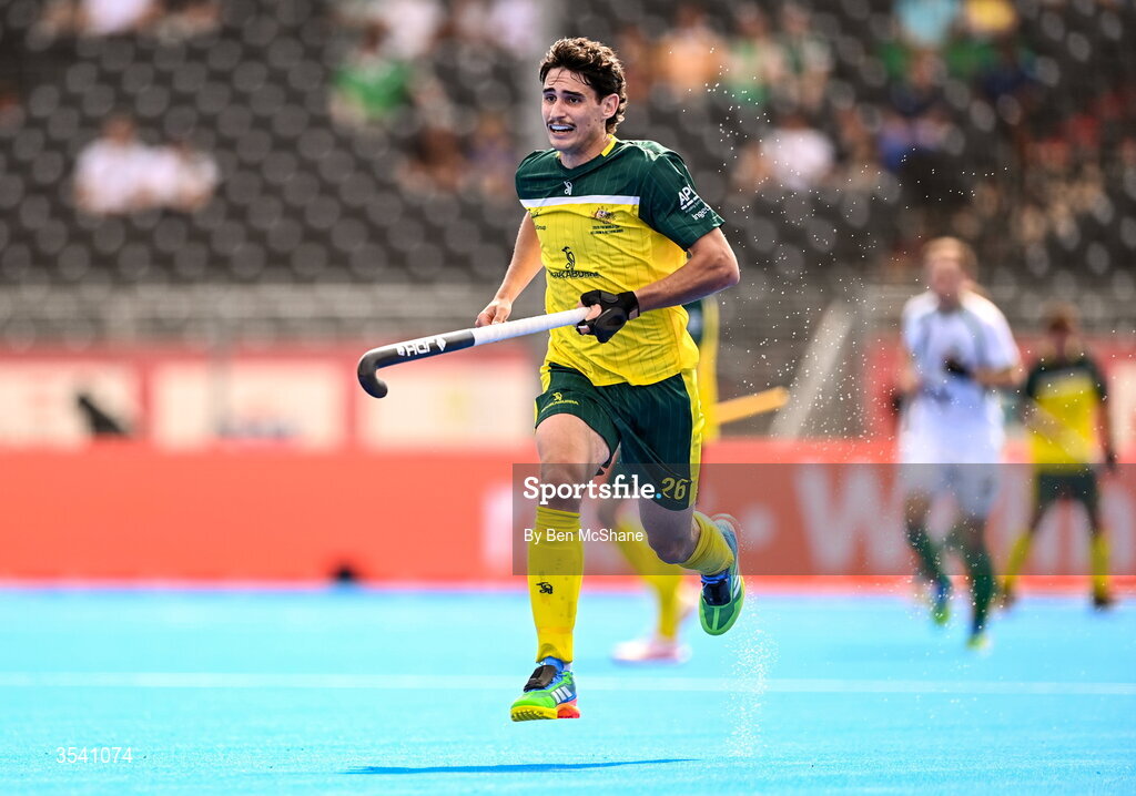 16 August 2026; James Collins of Australia during the FIH Men's Hockey World Cup 2026 Pool C match between Ireland and Australia at the Belfius Hockey Arena in Wavre, Belgium. Photo by Ben McShane/Sportsfile