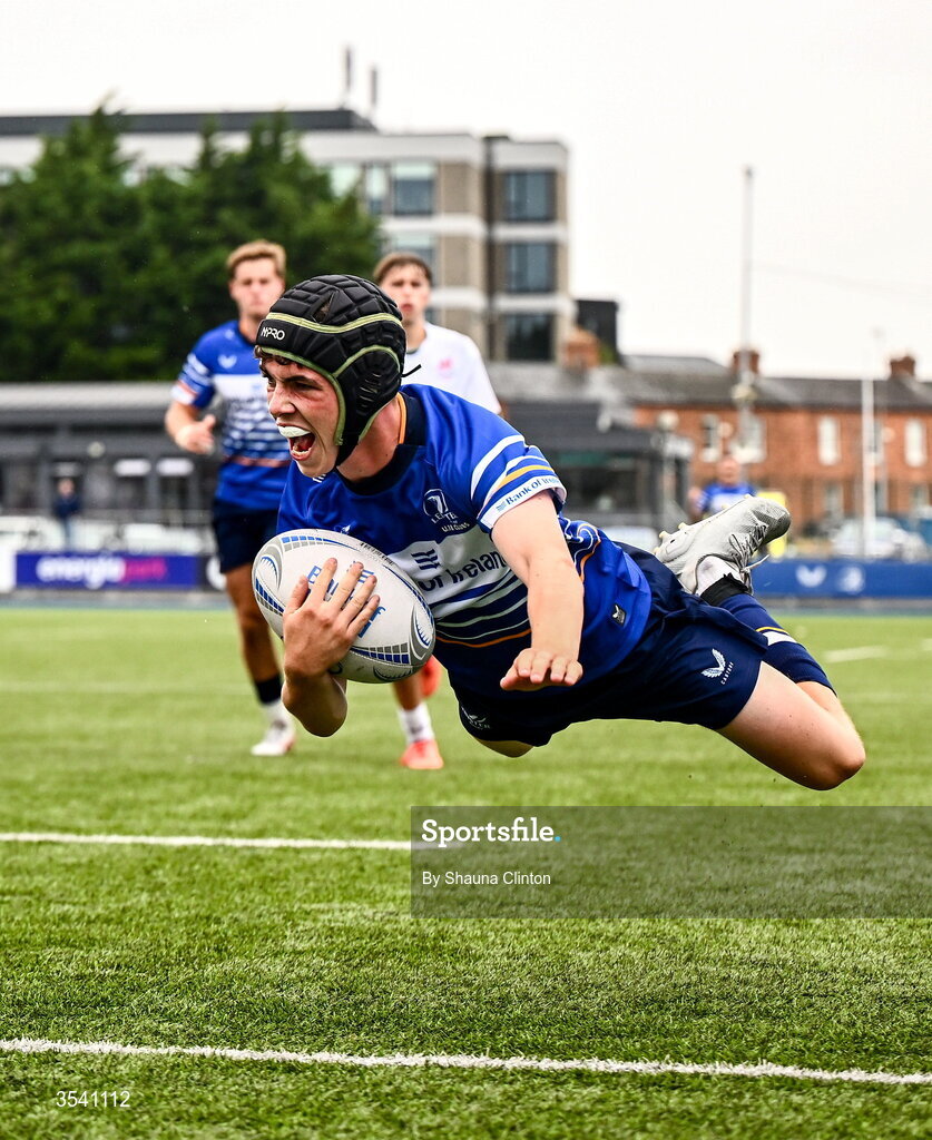16 August 2026; Conor Martin of Leinster scores his side's third try during the U18 Clubs PwC Interprovincial Championship match between Leinster and Ulster at Energia Park in Dublin. Photo by Shauna Clinton/Sportsfile