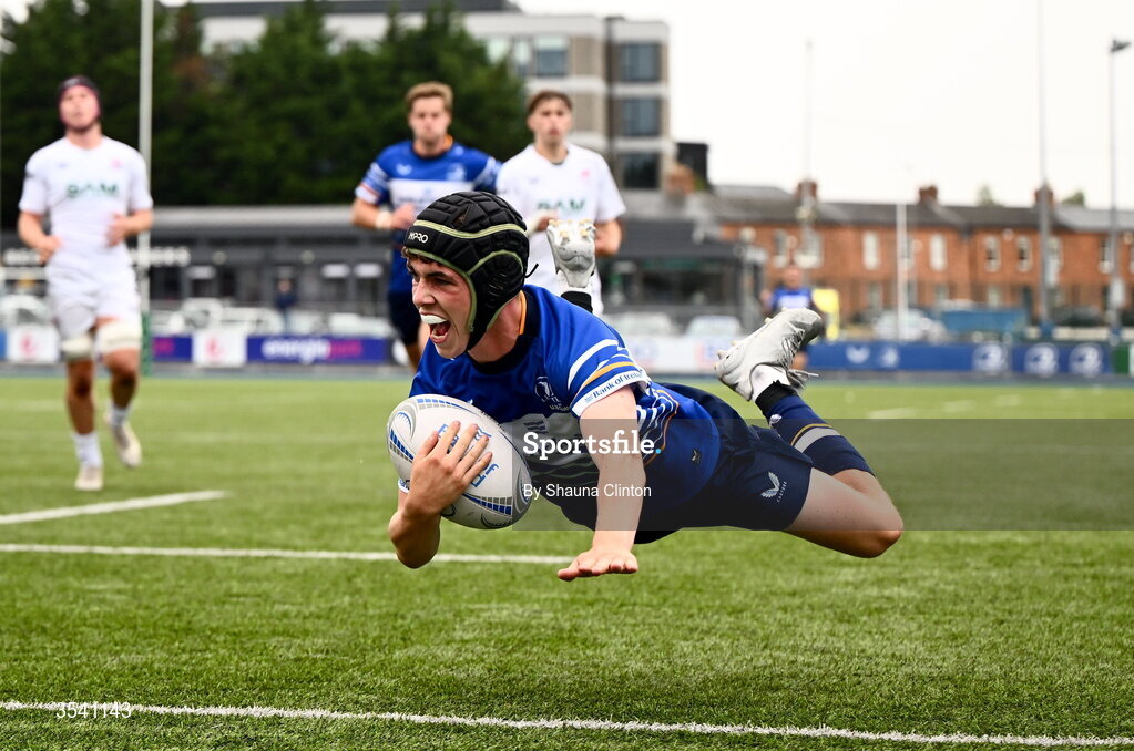 16 August 2026; Conor Martin of Leinster scores his side's third try during the U18 Clubs PwC Interprovincial Championship match between Leinster and Ulster at Energia Park in Dublin. Photo by Shauna Clinton/Sportsfile
