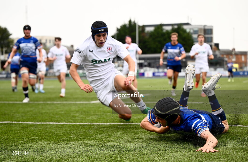 16 August 2026; Conor Martin of Leinster scores his side's third try during the U18 Clubs PwC Interprovincial Championship match between Leinster and Ulster at Energia Park in Dublin. Photo by Shauna Clinton/Sportsfile