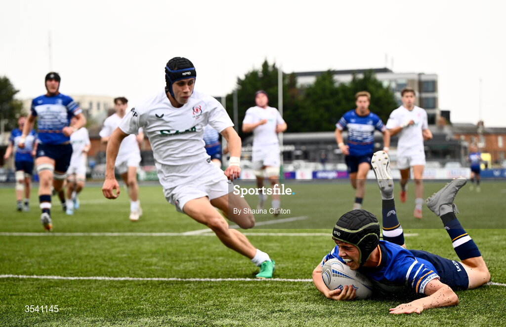 16 August 2026; Conor Martin of Leinster scores his side's third try during the U18 Clubs PwC Interprovincial Championship match between Leinster and Ulster at Energia Park in Dublin. Photo by Shauna Clinton/Sportsfile