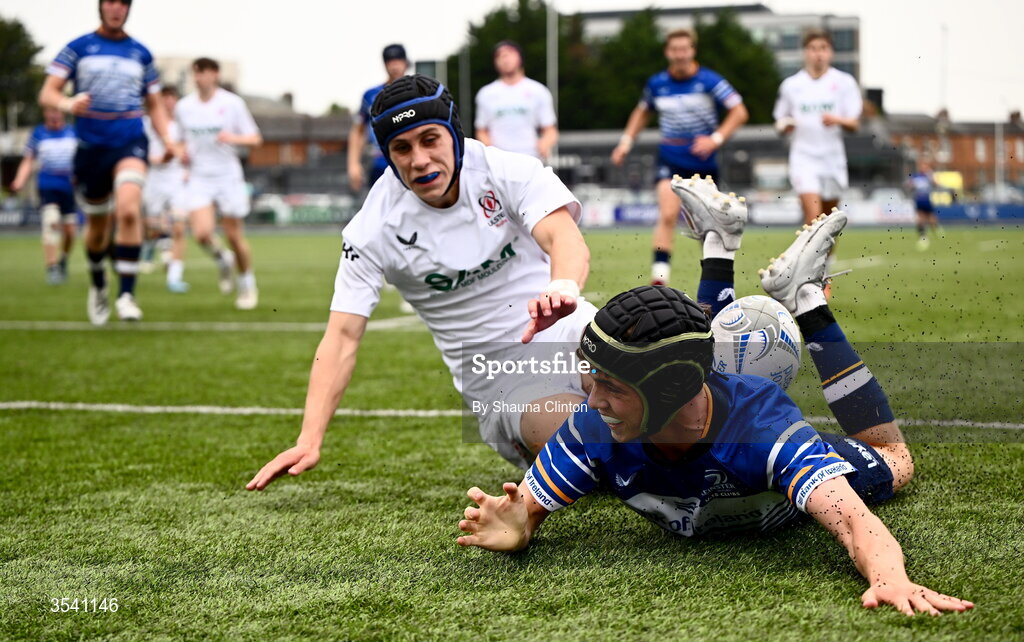 16 August 2026; Conor Martin of Leinster celebrates after scoring his side's third try during the U18 Clubs PwC Interprovincial Championship match between Leinster and Ulster at Energia Park in Dublin. Photo by Shauna Clinton/Sportsfile