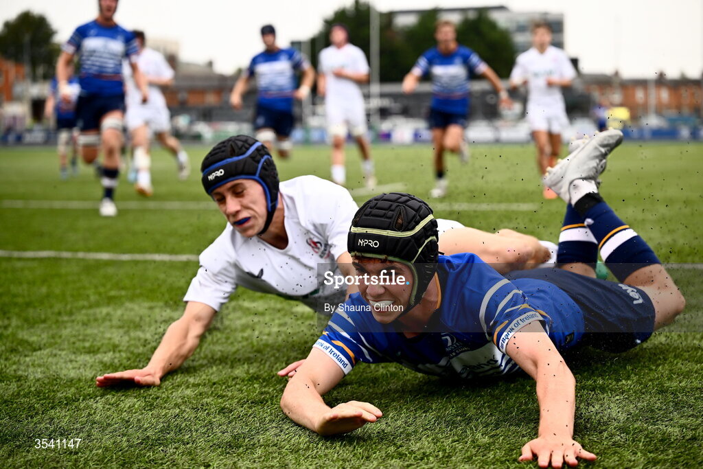 16 August 2026; Conor Martin of Leinster celebrates after scoring his side's third try during the U18 Clubs PwC Interprovincial Championship match between Leinster and Ulster at Energia Park in Dublin. Photo by Shauna Clinton/Sportsfile