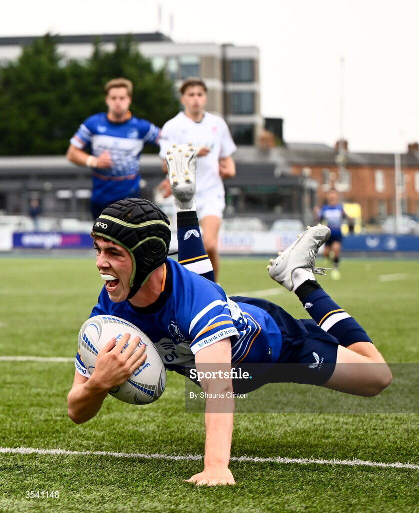 16 August 2026; Conor Martin of Leinster scores his side's third try during the U18 Clubs PwC Interprovincial Championship match between Leinster and Ulster at Energia Park in Dublin. Photo by Shauna Clinton/Sportsfile