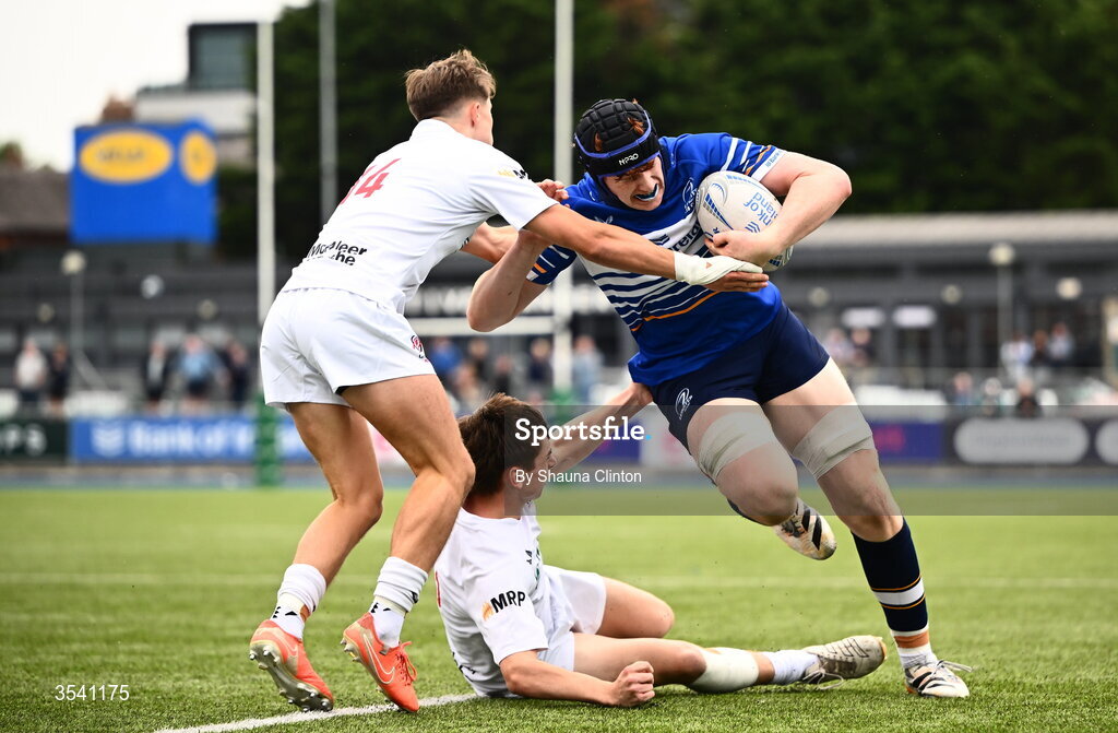 16 August 2026; Ciaran Dunne of Leinster on his way to scoring his side's first try despite the efforts of JJ McVeigh of Ulster during the U18 Clubs PwC Interprovincial Championship match between Leinster and Ulster at Energia Park in Dublin. Photo by Shauna Clinton/Sportsfile