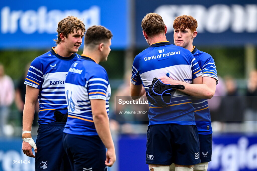 16 August 2026; Leinster players after their side's victory in the U18 Clubs PwC Interprovincial Championship match between Leinster and Ulster at Energia Park in Dublin. Photo by Shauna Clinton/Sportsfile