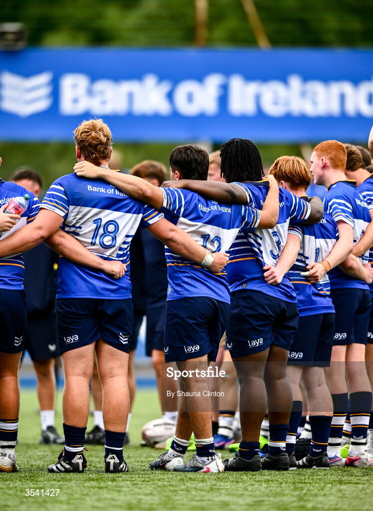 16 August 2026; Leinster players after their side's victory in the U18 Clubs PwC Interprovincial Championship match between Leinster and Ulster at Energia Park in Dublin. Photo by Shauna Clinton/Sportsfile