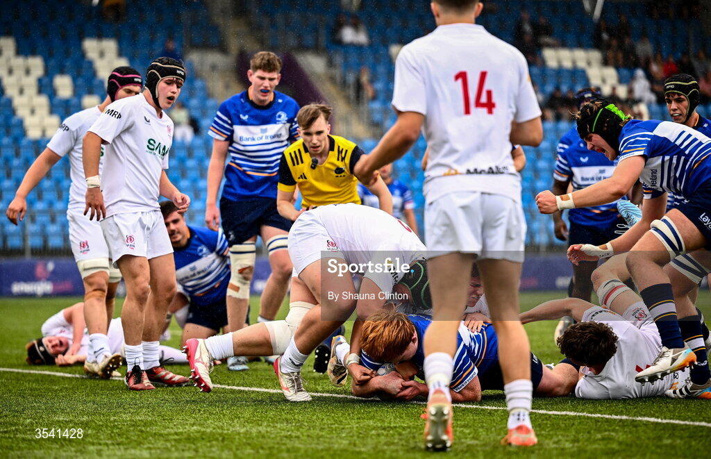 16 August 2026; Joe Costello of Leinster scores his side's second try during the U18 Clubs PwC Interprovincial Championship match between Leinster and Ulster at Energia Park in Dublin. Photo by Shauna Clinton/Sportsfile