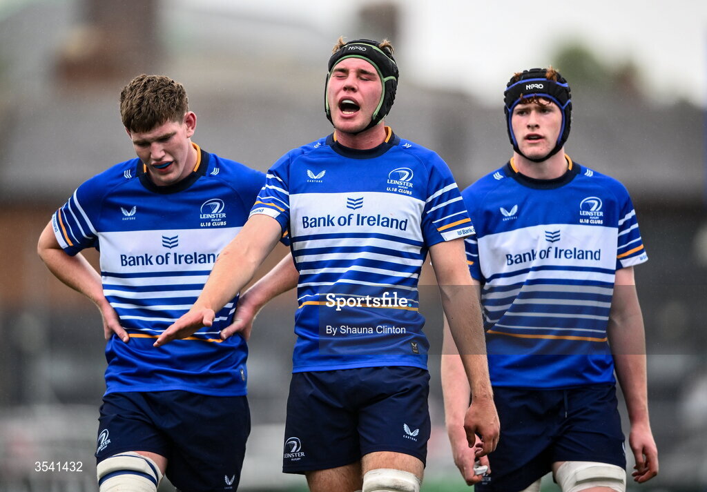 16 August 2026; Aidan Tamming of Leinster, centre, and team-mates during the U18 Clubs PwC Interprovincial Championship match between Leinster and Ulster at Energia Park in Dublin. Photo by Shauna Clinton/Sportsfile