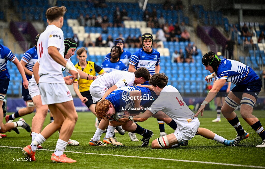 16 August 2026; Joe Costello of Leinster scores his side's second try during the U18 Clubs PwC Interprovincial Championship match between Leinster and Ulster at Energia Park in Dublin. Photo by Shauna Clinton/Sportsfile