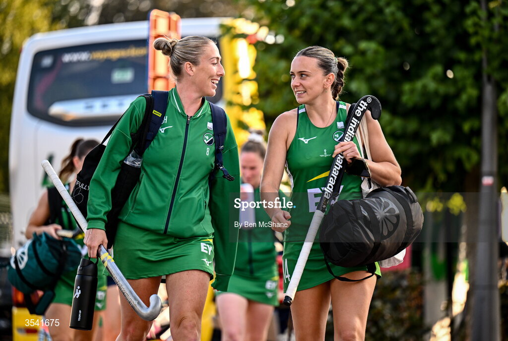 16 August 2026; Sarah Hawkshaw, left, and Ellen Curran of Ireland arrive before the FIH Women's Hockey World Cup 2026 Pool C match between Ireland and Spain at the Belfius Hockey Arena in Wavre, Belgium. Photo by Ben McShane/Sportsfile