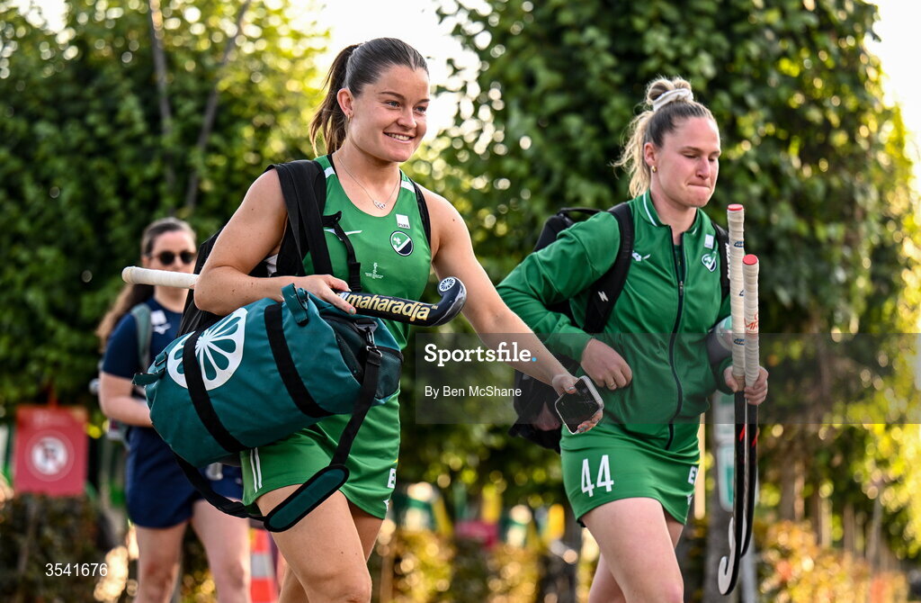 16 August 2026; Sara Torrans, left, and Aisling Utri of Ireland arrive before the FIH Women's Hockey World Cup 2026 Pool C match between Ireland and Spain at the Belfius Hockey Arena in Wavre, Belgium. Photo by Ben McShane/Sportsfile
