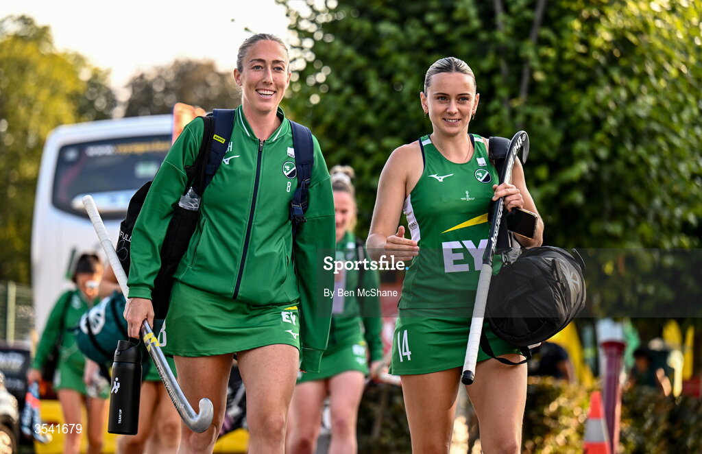 16 August 2026; Sarah Hawkshaw, left, and Ellen Curran of Ireland arrive before the FIH Women's Hockey World Cup 2026 Pool C match between Ireland and Spain at the Belfius Hockey Arena in Wavre, Belgium. Photo by Ben McShane/Sportsfile