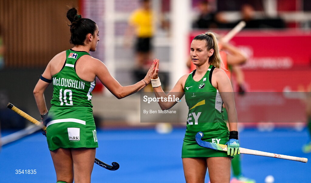 16 August 2026; Hannah McLoughlin, left, and Christina Hamill of Ireland before the FIH Women's Hockey World Cup 2026 Pool C match between Ireland and Spain at the Belfius Hockey Arena in Wavre, Belgium. Photo by Ben McShane/Sportsfile