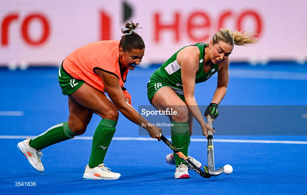 16 August 2026; Charlotte Beggs, right, and Elena Tice of Ireland before the FIH Women's Hockey World Cup 2026 Pool C match between Ireland and Spain at the Belfius Hockey Arena in Wavre, Belgium. Photo by Ben McShane/Sportsfile