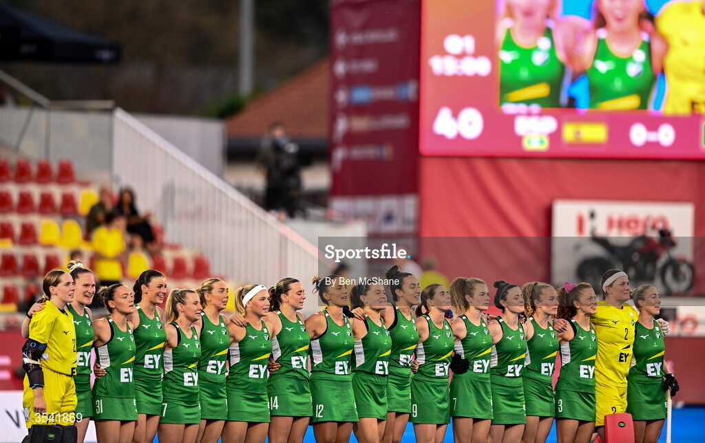 16 August 2026; Ireland players stand for 'Ireland's Call' before the FIH Women's Hockey World Cup 2026 Pool C match between Ireland and Spain at the Belfius Hockey Arena in Wavre, Belgium. Photo by Ben McShane/Sportsfile
