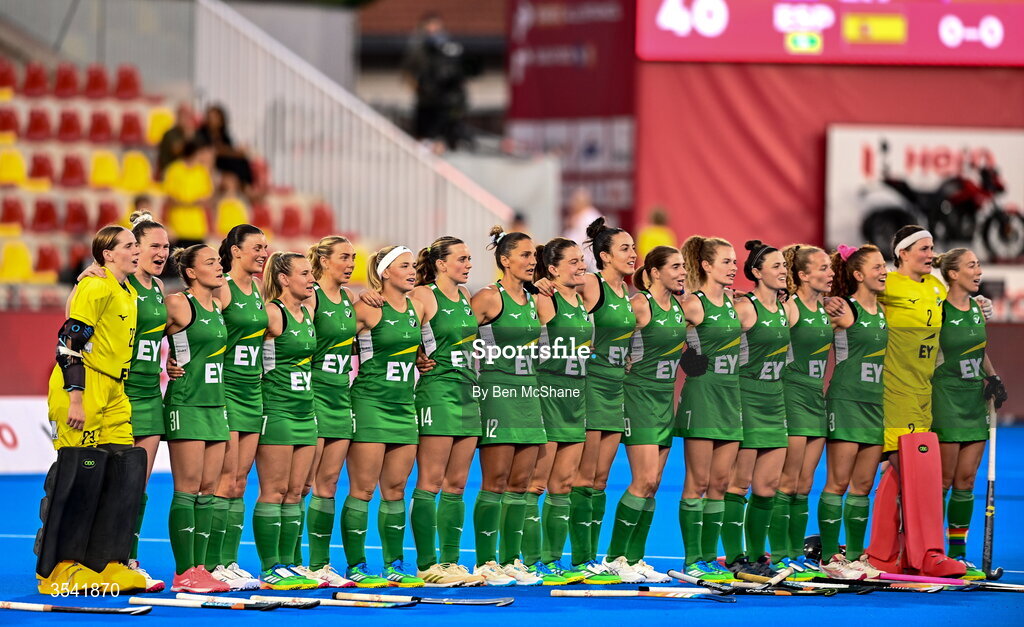 16 August 2026; Ireland players stand for 'Ireland's Call' before the FIH Women's Hockey World Cup 2026 Pool C match between Ireland and Spain at the Belfius Hockey Arena in Wavre, Belgium. Photo by Ben McShane/Sportsfile
