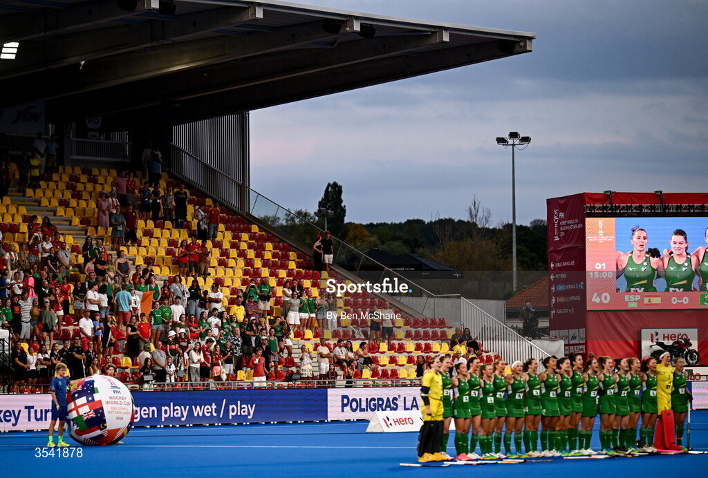16 August 2026; Ireland players stand for 'Ireland's Call' before the FIH Women's Hockey World Cup 2026 Pool C match between Ireland and Spain at the Belfius Hockey Arena in Wavre, Belgium. Photo by Ben McShane/Sportsfile