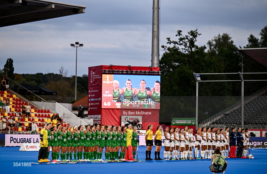 16 August 2026; Ireland players stand for 'Ireland's Call' before the FIH Women's Hockey World Cup 2026 Pool C match between Ireland and Spain at the Belfius Hockey Arena in Wavre, Belgium. Photo by Ben McShane/Sportsfile