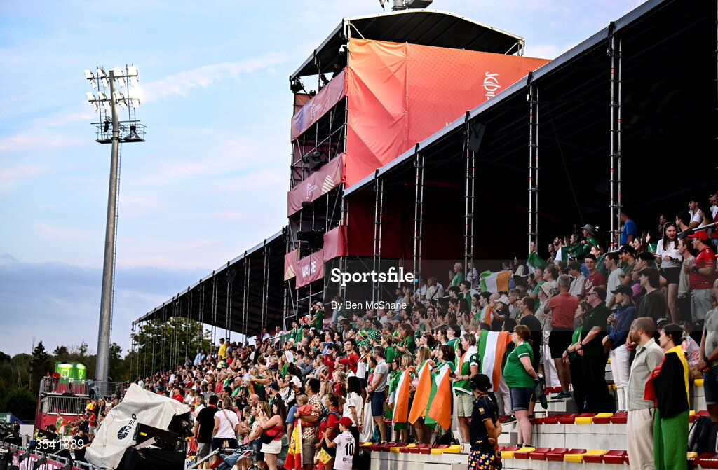 16 August 2026; Ireland supporters before the FIH Women's Hockey World Cup 2026 Pool C match between Ireland and Spain at the Belfius Hockey Arena in Wavre, Belgium. Photo by Ben McShane/Sportsfile