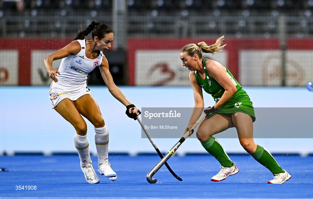 16 August 2026; Charlotte Beggs of Ireland in action against Candela Mejias of Spain during the FIH Women's Hockey World Cup 2026 Pool C match between Ireland and Spain at the Belfius Hockey Arena in Wavre, Belgium. Photo by Ben McShane/Sportsfile