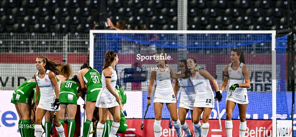 16 August 2026; Spain players celebrate after Laia Vidosa, second from right, scored their side's first goal during the FIH Women's Hockey World Cup 2026 Pool C match between Ireland and Spain at the Belfius Hockey Arena in Wavre, Belgium. Photo by Ben McShane/Sportsfile