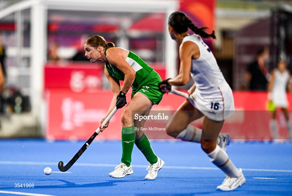 16 August 2026; Kathryn Mullan of Ireland in action against Candela Mejias of Spain during the FIH Women's Hockey World Cup 2026 Pool C match between Ireland and Spain at the Belfius Hockey Arena in Wavre, Belgium. Photo by Ben McShane/Sportsfile