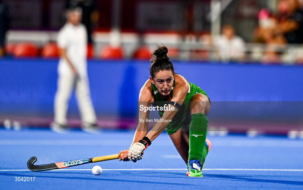 16 August 2026; Hannah McLoughlin of Ireland scores her side's first goal, a penalty-corner, during the FIH Women's Hockey World Cup 2026 Pool C match between Ireland and Spain at the Belfius Hockey Arena in Wavre, Belgium. Photo by Ben McShane/Sportsfile