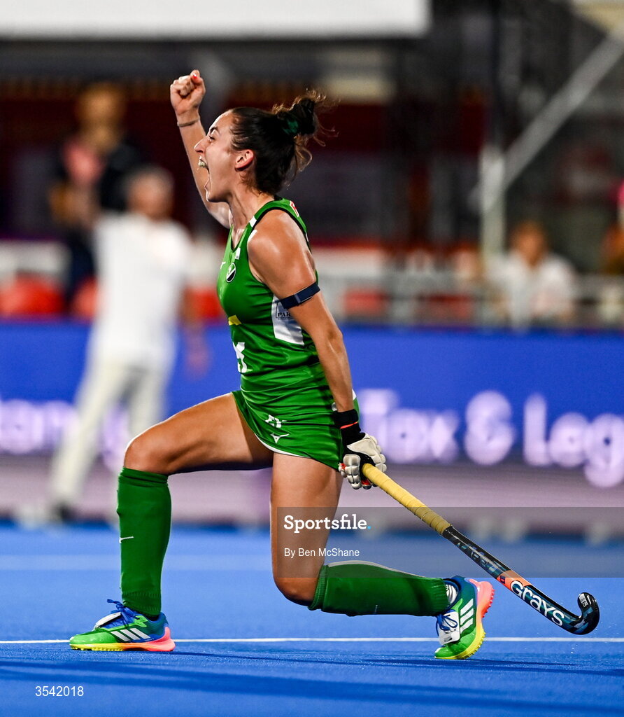 16 August 2026; Hannah McLoughlin of Ireland celebrates after scoring her side's first goal during the FIH Women's Hockey World Cup 2026 Pool C match between Ireland and Spain at the Belfius Hockey Arena in Wavre, Belgium. Photo by Ben McShane/Sportsfile