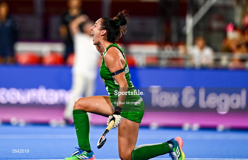 16 August 2026; Hannah McLoughlin of Ireland celebrates after scoring her side's first goal during the FIH Women's Hockey World Cup 2026 Pool C match between Ireland and Spain at the Belfius Hockey Arena in Wavre, Belgium. Photo by Ben McShane/Sportsfile