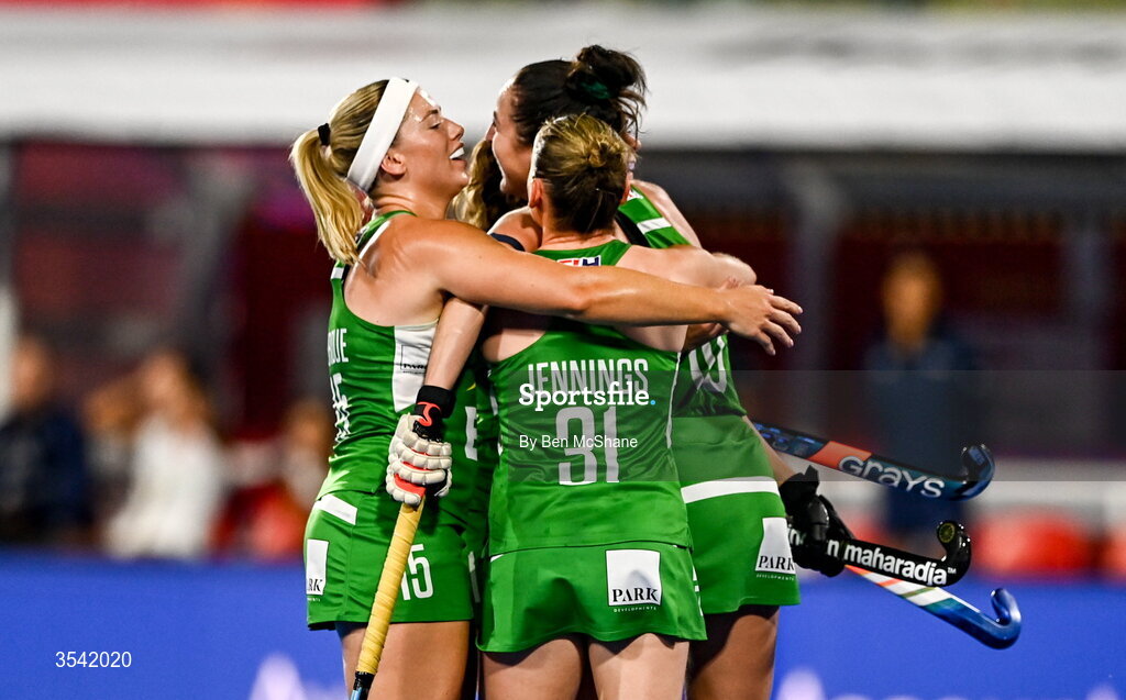 16 August 2026; Hannah McLoughlin of Ireland, hidden, Caoimhe Perdue, Ellen Curran and Mia Jennings, after scoring their side's first goal during the FIH Women's Hockey World Cup 2026 Pool C match between Ireland and Spain at the Belfius Hockey Arena in Wavre, Belgium. Photo by Ben McShane/Sportsfile