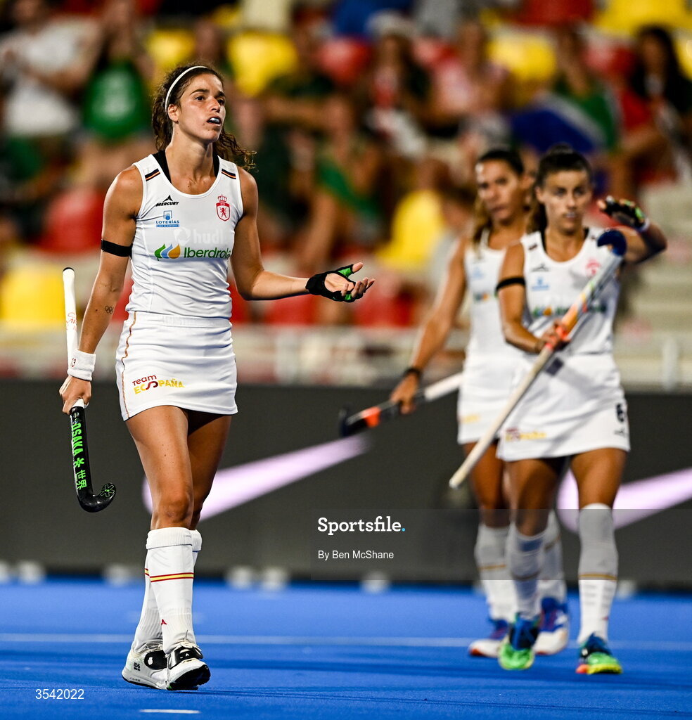 16 August 2026; Constanza Amundson of Spain reacts during the FIH Women's Hockey World Cup 2026 Pool C match between Ireland and Spain at the Belfius Hockey Arena in Wavre, Belgium. Photo by Ben McShane/Sportsfile