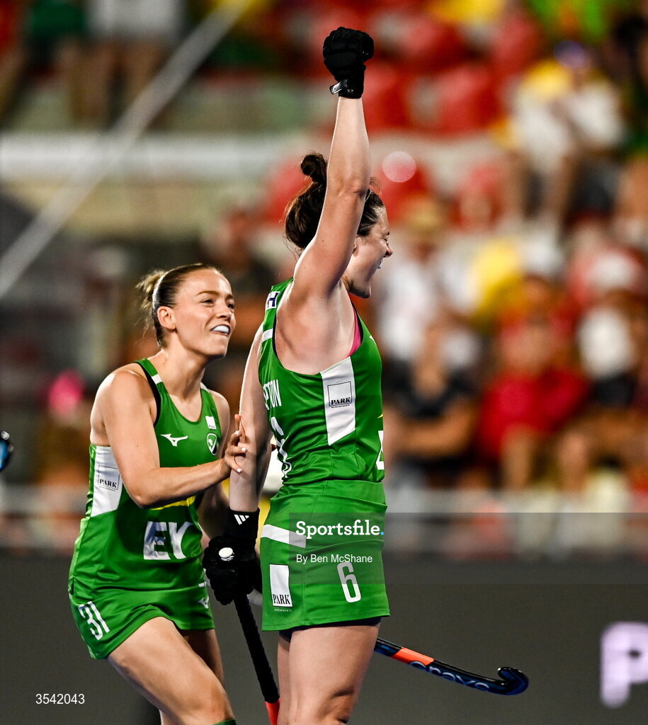 16 August 2026; Roisin Upton, right, and Mia Jennings of Ireland celebrate their second goal, scored by Niamh Carey, not pictured, during the FIH Women's Hockey World Cup 2026 Pool C match between Ireland and Spain at the Belfius Hockey Arena in Wavre, Belgium. Photo by Ben McShane/Sportsfile
