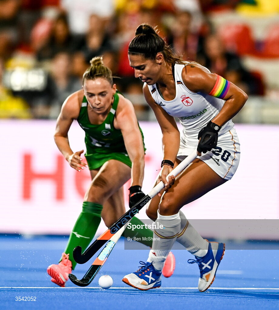 16 August 2026; Xantal Gine of Spain in action against Mia Jennings of Ireland during the FIH Women's Hockey World Cup 2026 Pool C match between Ireland and Spain at the Belfius Hockey Arena in Wavre, Belgium. Photo by Ben McShane/Sportsfile