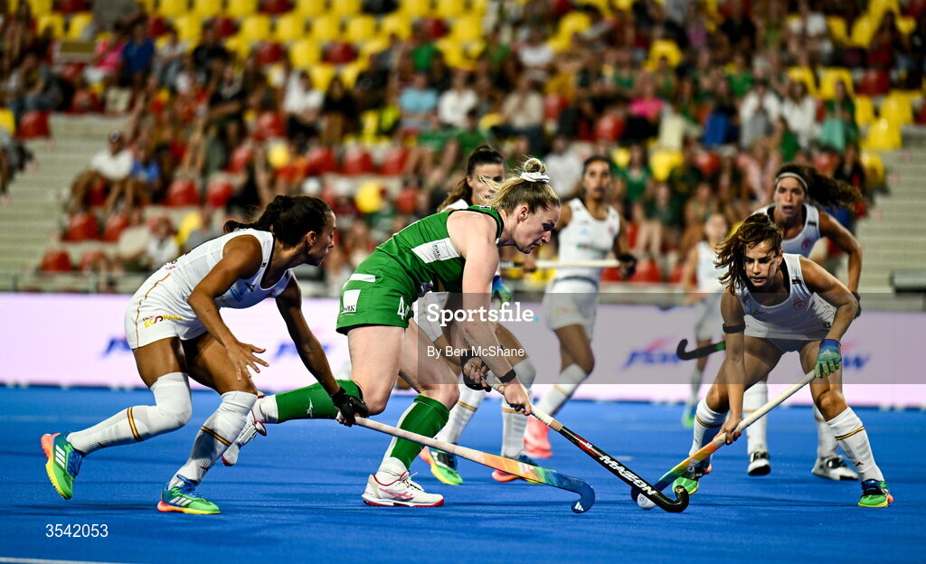 16 August 2026; Aisling Utri of Ireland in action against Marta Segu of Spain during the FIH Women's Hockey World Cup 2026 Pool C match between Ireland and Spain at the Belfius Hockey Arena in Wavre, Belgium. Photo by Ben McShane/Sportsfile