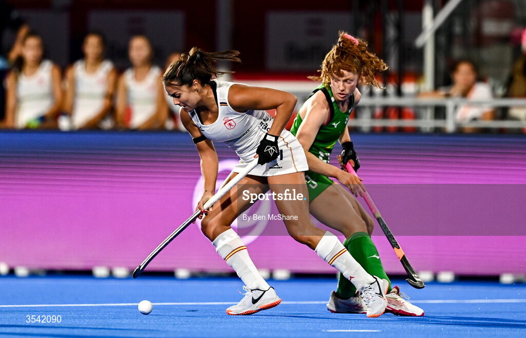 16 August 2026; Sofia Keenan of Spain in action against Sarah McAuley of Ireland during the FIH Women's Hockey World Cup 2026 Pool C match between Ireland and Spain at the Belfius Hockey Arena in Wavre, Belgium. Photo by Ben McShane/Sportsfile