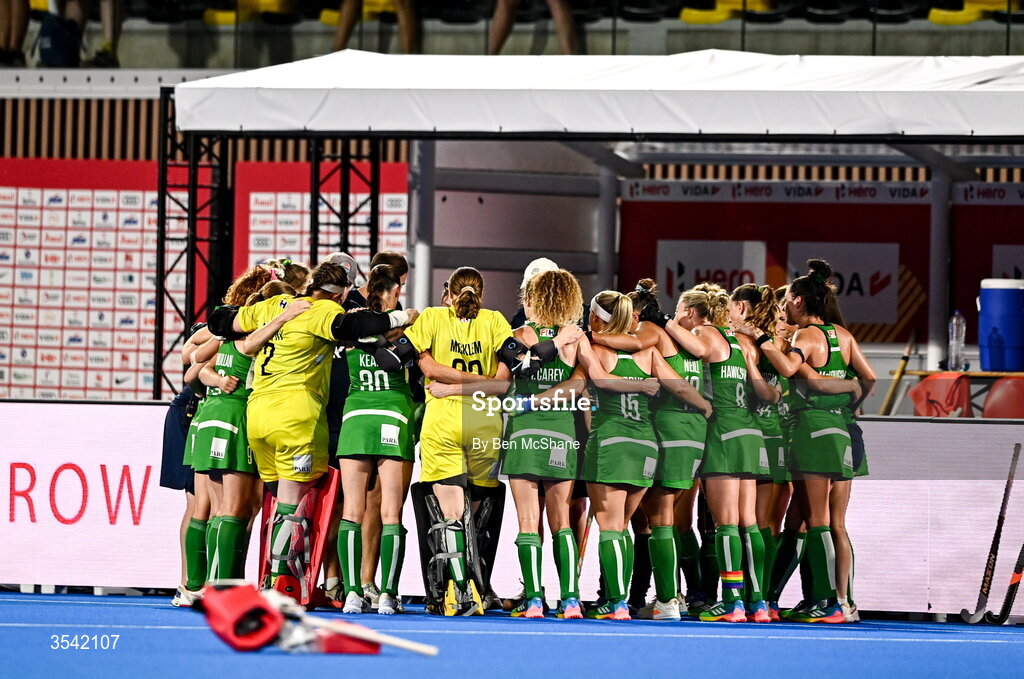 16 August 2026; Ireland players huddle after their defeat in the FIH Women's Hockey World Cup 2026 Pool C match between Ireland and Spain at the Belfius Hockey Arena in Wavre, Belgium. Photo by Ben McShane/Sportsfile