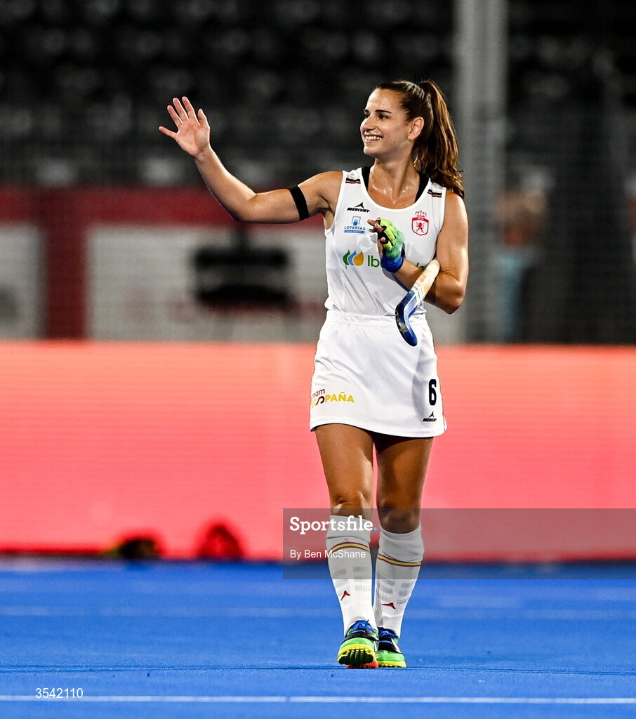 16 August 2026; Clara Badia of Spain celebrates after the FIH Women's Hockey World Cup 2026 Pool C match between Ireland and Spain at the Belfius Hockey Arena in Wavre, Belgium. Photo by Ben McShane/Sportsfile