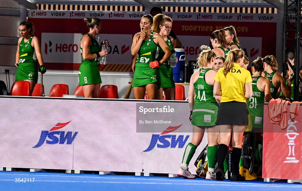 16 August 2026; Ireland players react after their defeat in the FIH Women's Hockey World Cup 2026 Pool C match between Ireland and Spain at the Belfius Hockey Arena in Wavre, Belgium. Photo by Ben McShane/Sportsfile