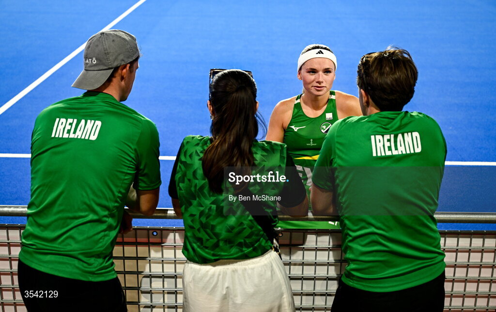 16 August 2026; Caoimhe Perdue of Ireland with family after the FIH Women's Hockey World Cup 2026 Pool C match between Ireland and Spain at the Belfius Hockey Arena in Wavre, Belgium. Photo by Ben McShane/Sportsfile