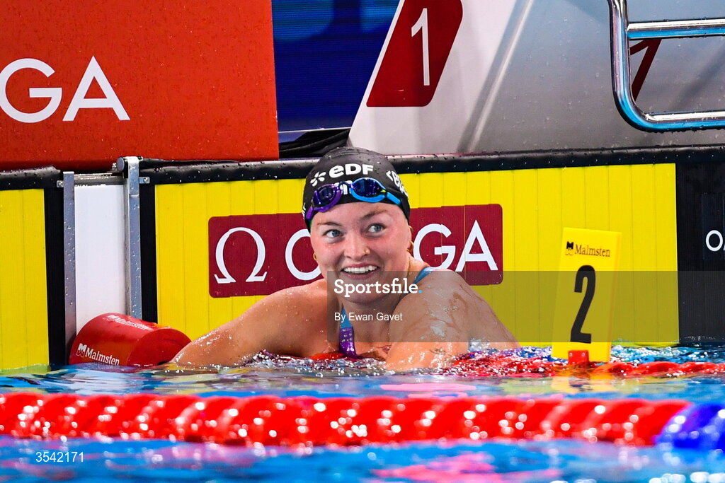 16 August 2026; Mona McSharry of Ireland reacts after winning bronze in the Women’s Final 50m Breaststroke during day six of the 2026 European Aquatics Championships in Paris, France. Photo by Ewan Gavet/Sportsfile