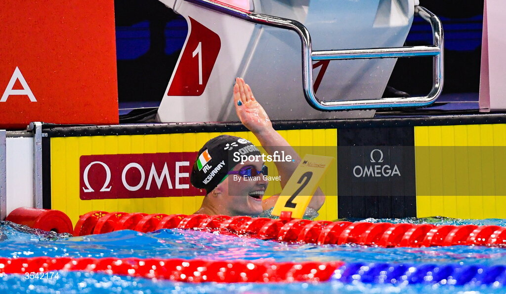 16 August 2026; Mona McSharry of Ireland reacts after winning bronze in the Women’s Final 50m Breaststroke during day six of the 2026 European Aquatics Championships in Paris, France. Photo by Ewan Gavet/Sportsfile