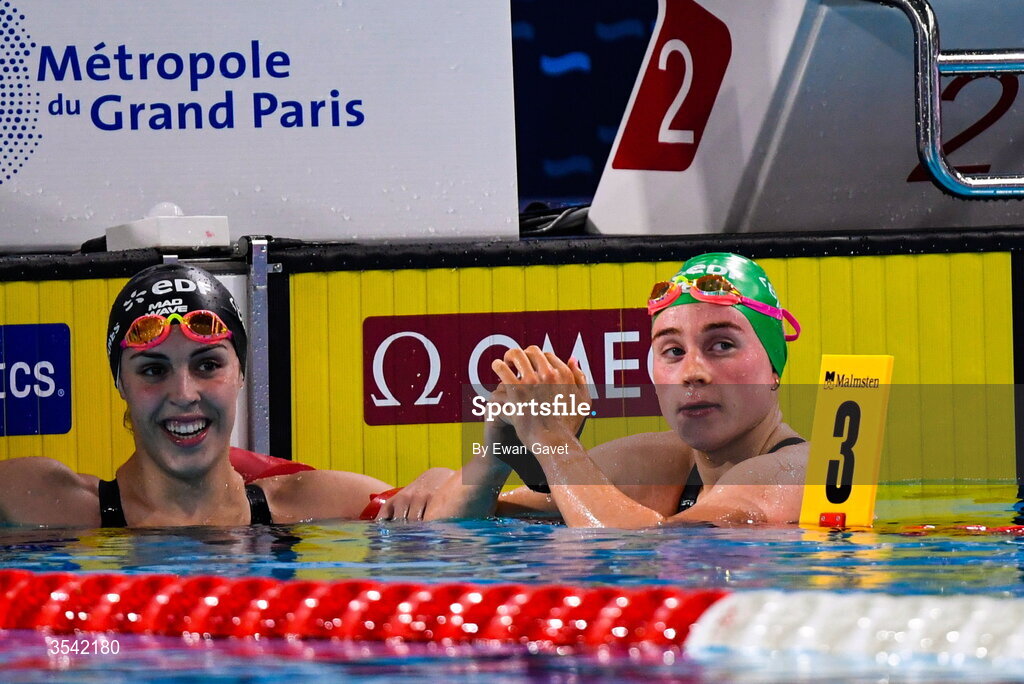 16 August 2026; Ellen Walshe of Ireland, right, reacts after the Women’s Final 200m Butterly during day six of the 2026 European Aquatics Championships in Paris, France. Photo by Ewan Gavet/Sportsfile