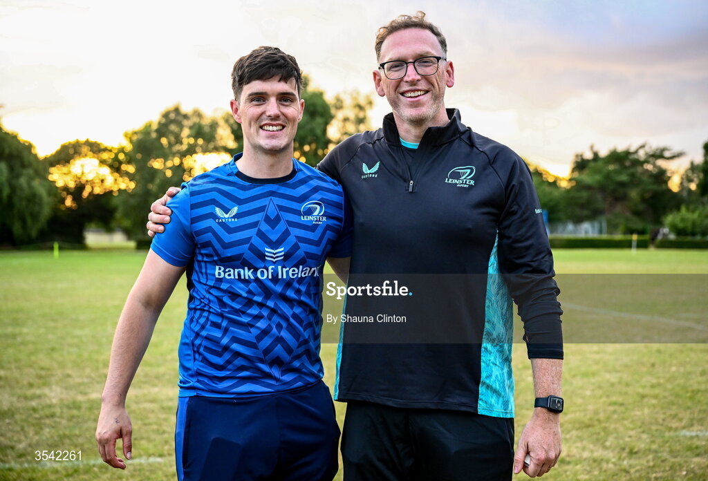 30 July 2026; Leinster physios Conor Duffy, left, and Stephen Armstrong during an Leinster rugby women open training session at Kings Hospital School in Dublin. Photo by Shauna Clinton/Sportsfile