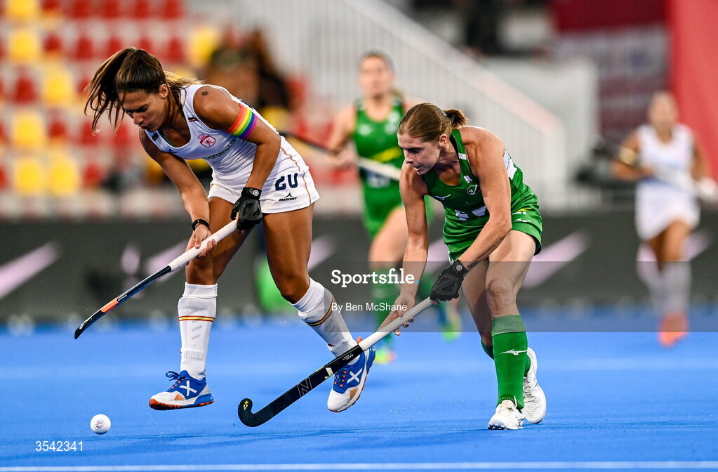 16 August 2026; Kathryn Mullan of Ireland and Xantal Gine of Spain during the FIH Women's Hockey World Cup 2026 Pool C match between Ireland and Spain at the Belfius Hockey Arena in Wavre, Belgium. Photo by Ben McShane/Sportsfile