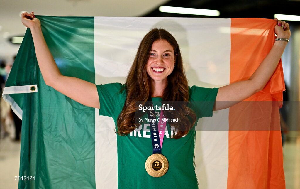 17 August 2026; Women’s heptathlon gold medalist Kate O'Connor at Dublin Airport on return from the 2026 European Athletics Championships in Birmingham, England. Photo by Piaras Ó Mídheach/Sportsfile