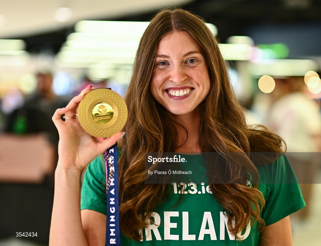 17 August 2026; Women’s heptathlon gold medalist Kate O'Connor at Dublin Airport on return from the 2026 European Athletics Championships in Birmingham, England. Photo by Piaras Ó Mídheach/Sportsfile