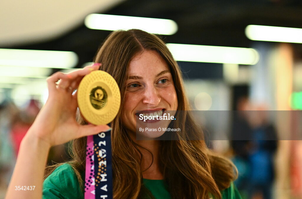 17 August 2026; Women’s heptathlon gold medalist Kate O'Connor at Dublin Airport on return from the 2026 European Athletics Championships in Birmingham, England. Photo by Piaras Ó Mídheach/Sportsfile